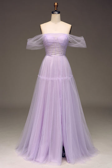 Lilac fra skulder A Line Tyl Prinsesse gallakjole med slids